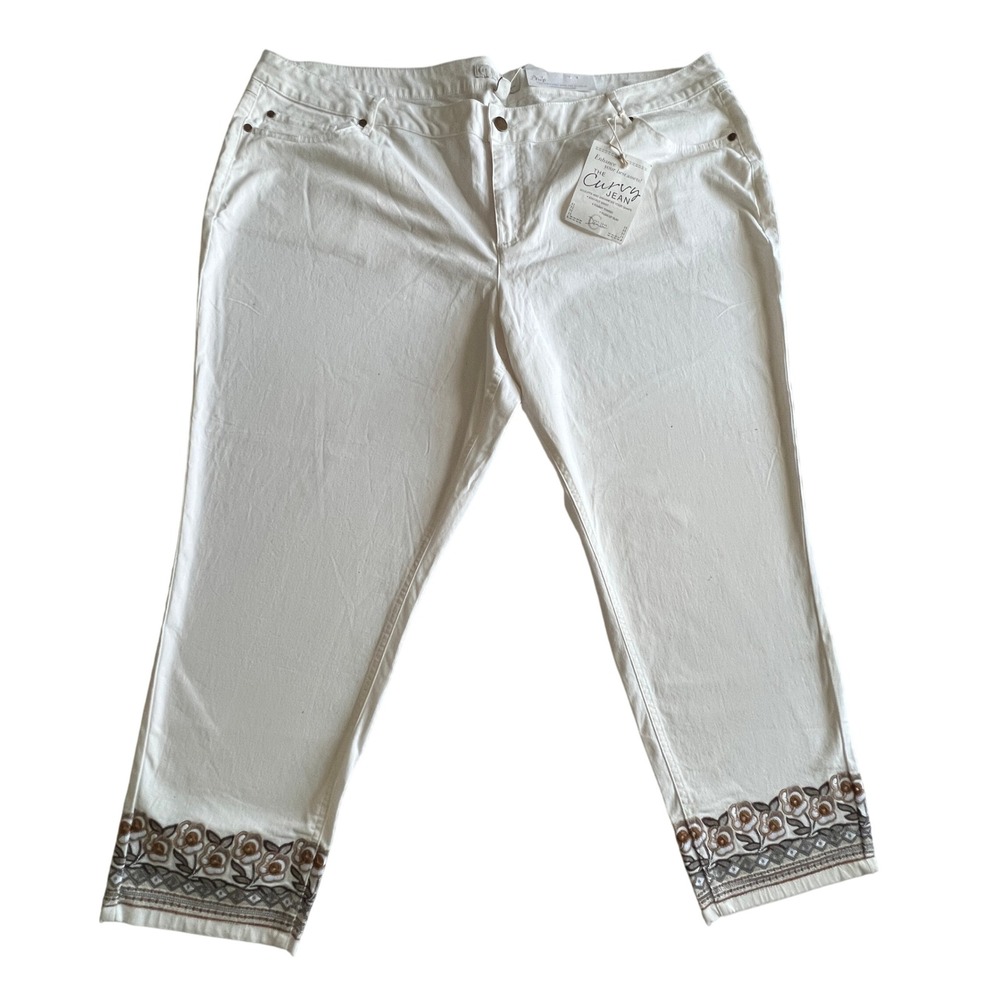 1946 Denim Curvy Jeans 24WP Embroidered Hem Crop Pants White Casual Capri Summer